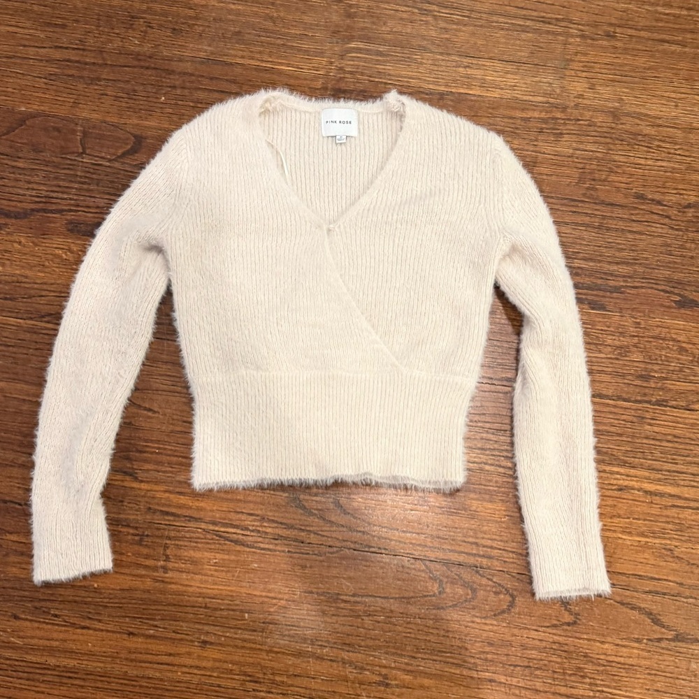 Pink Rose fuzzy V-neck cropped wrap sweater